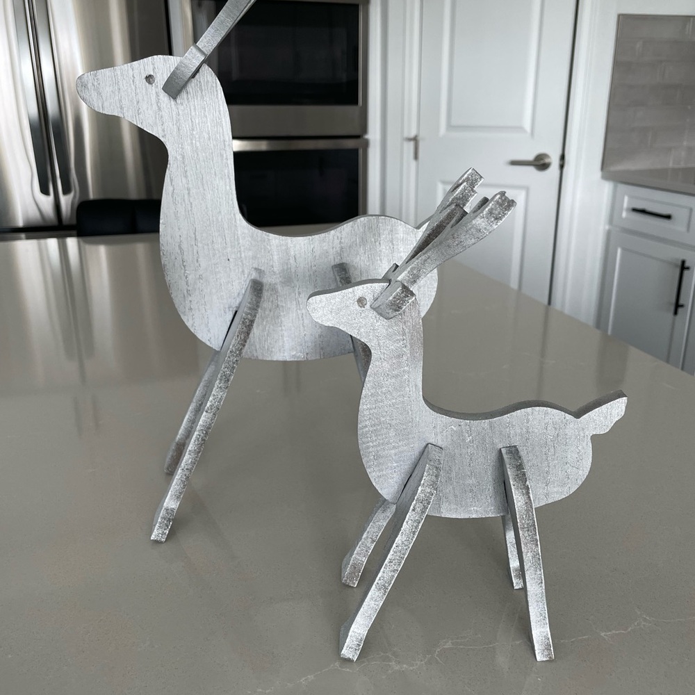 Silver Wooden Deer Figurine Set